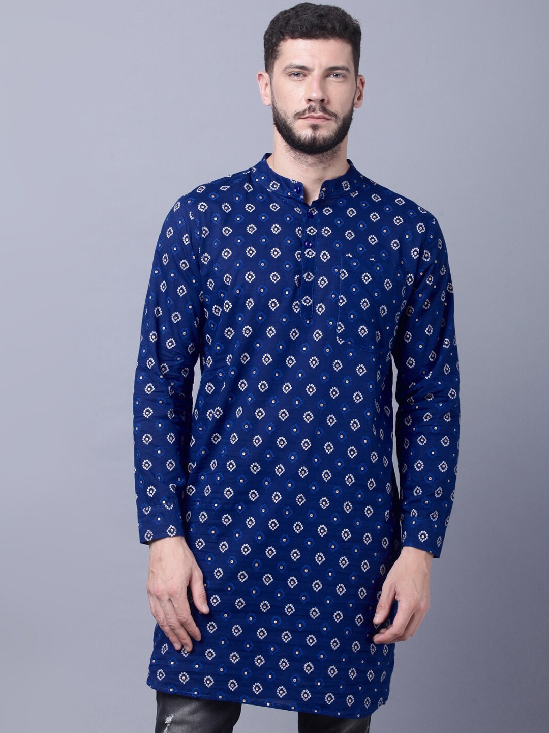 

THE EG STORE Bandhani Printed Mandarin Collar Straight Regular Cotton Kurta, Blue