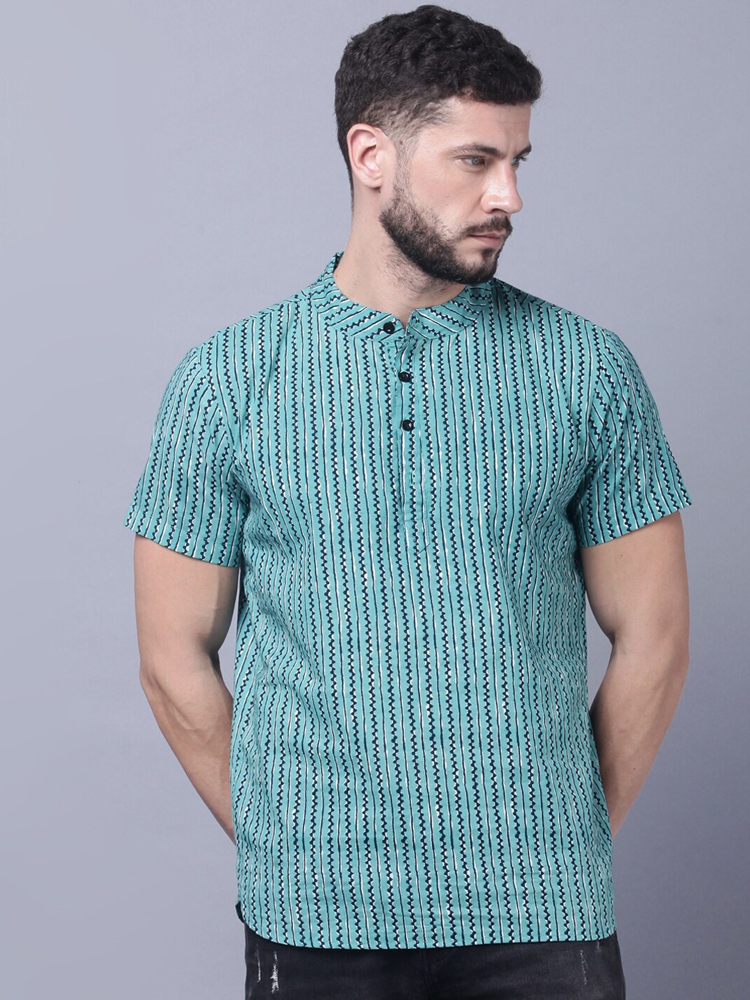 

THE EG STORE Striped Band Collar Straight Regular Cotton Kurta, Green