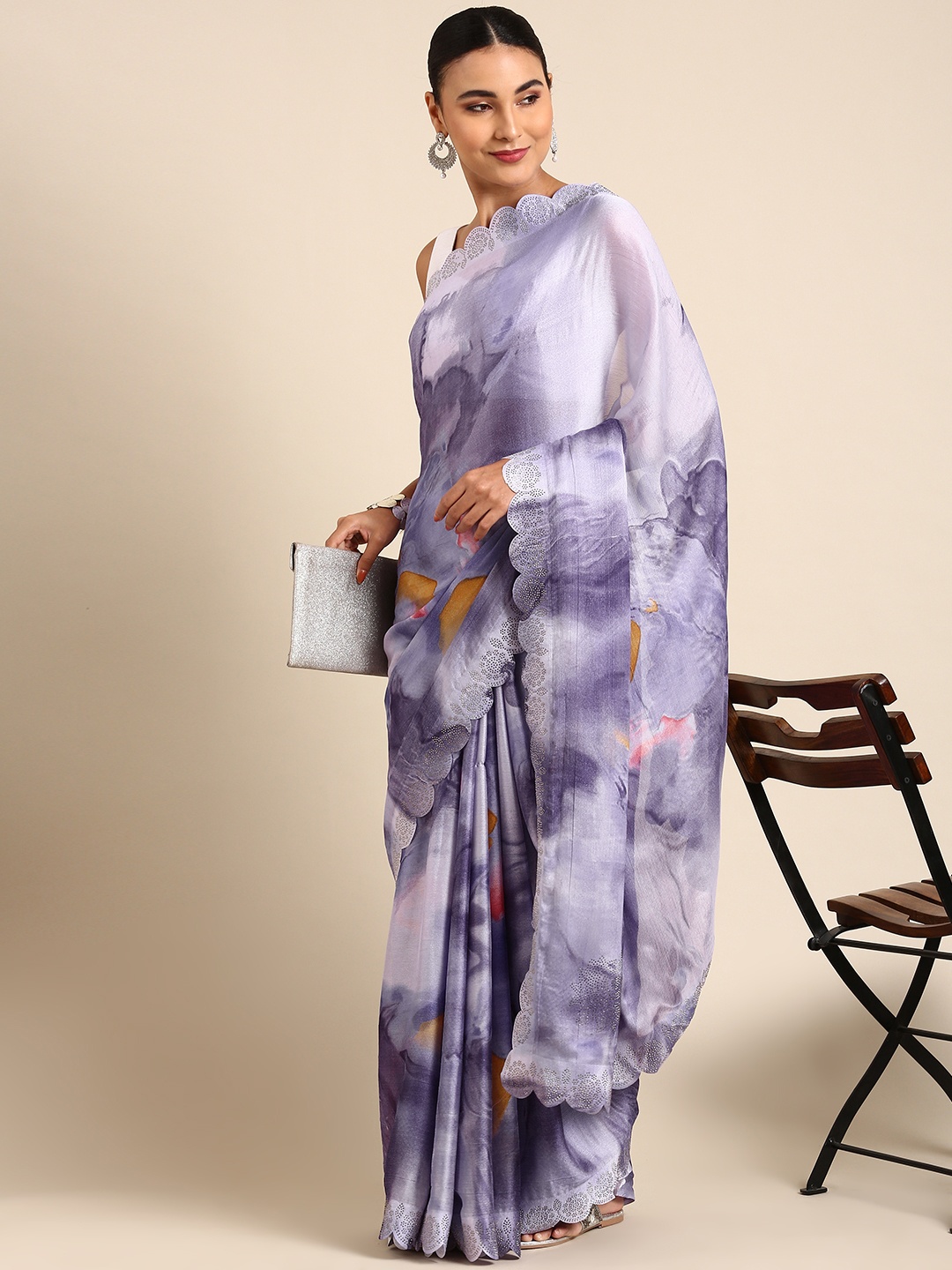 

Mitera Floral Pure Chiffon Ready to Wear Saree, Purple