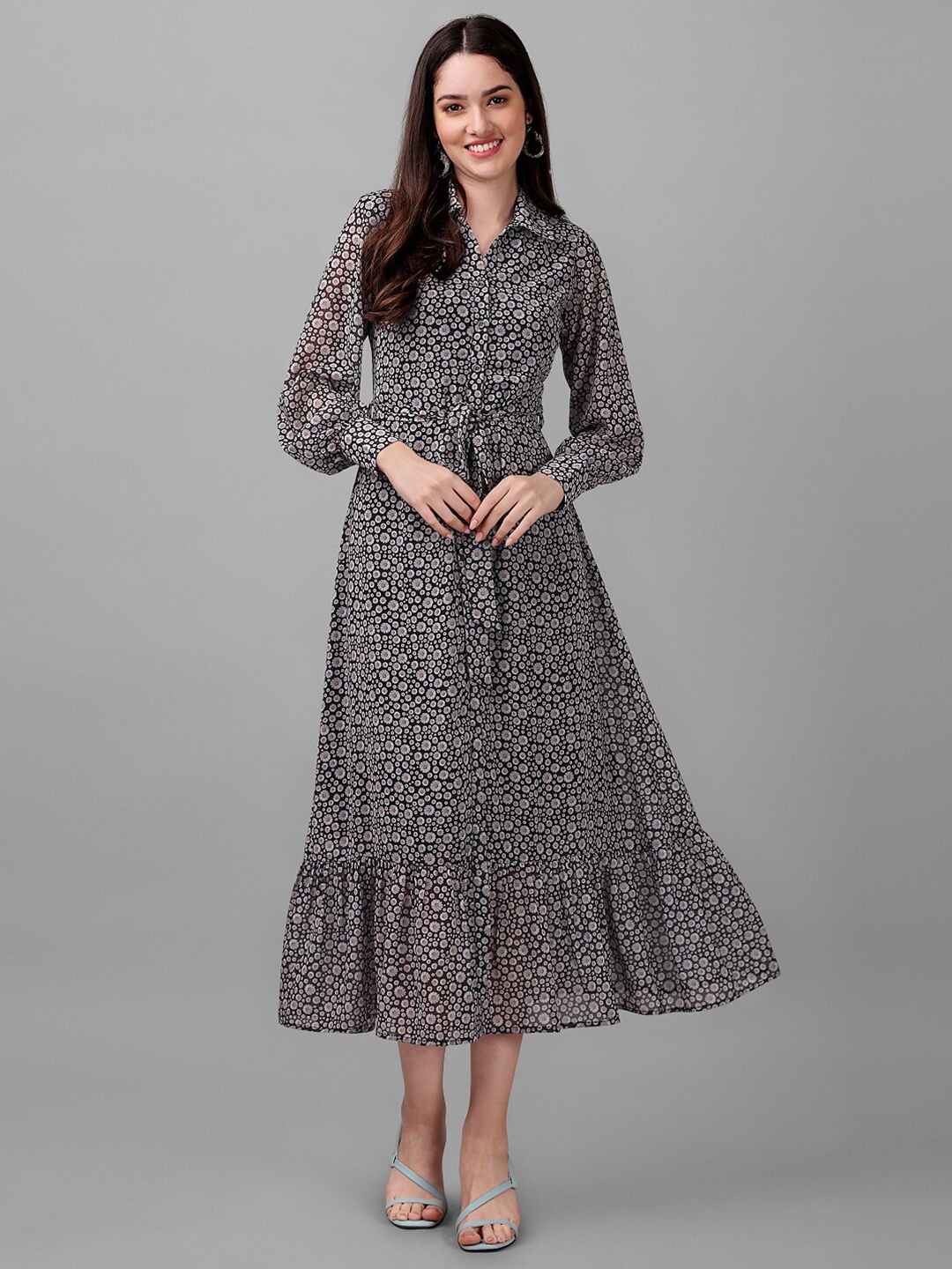 

Masakali.Co Floral Printed Fit And Flare Midi Dress, Black
