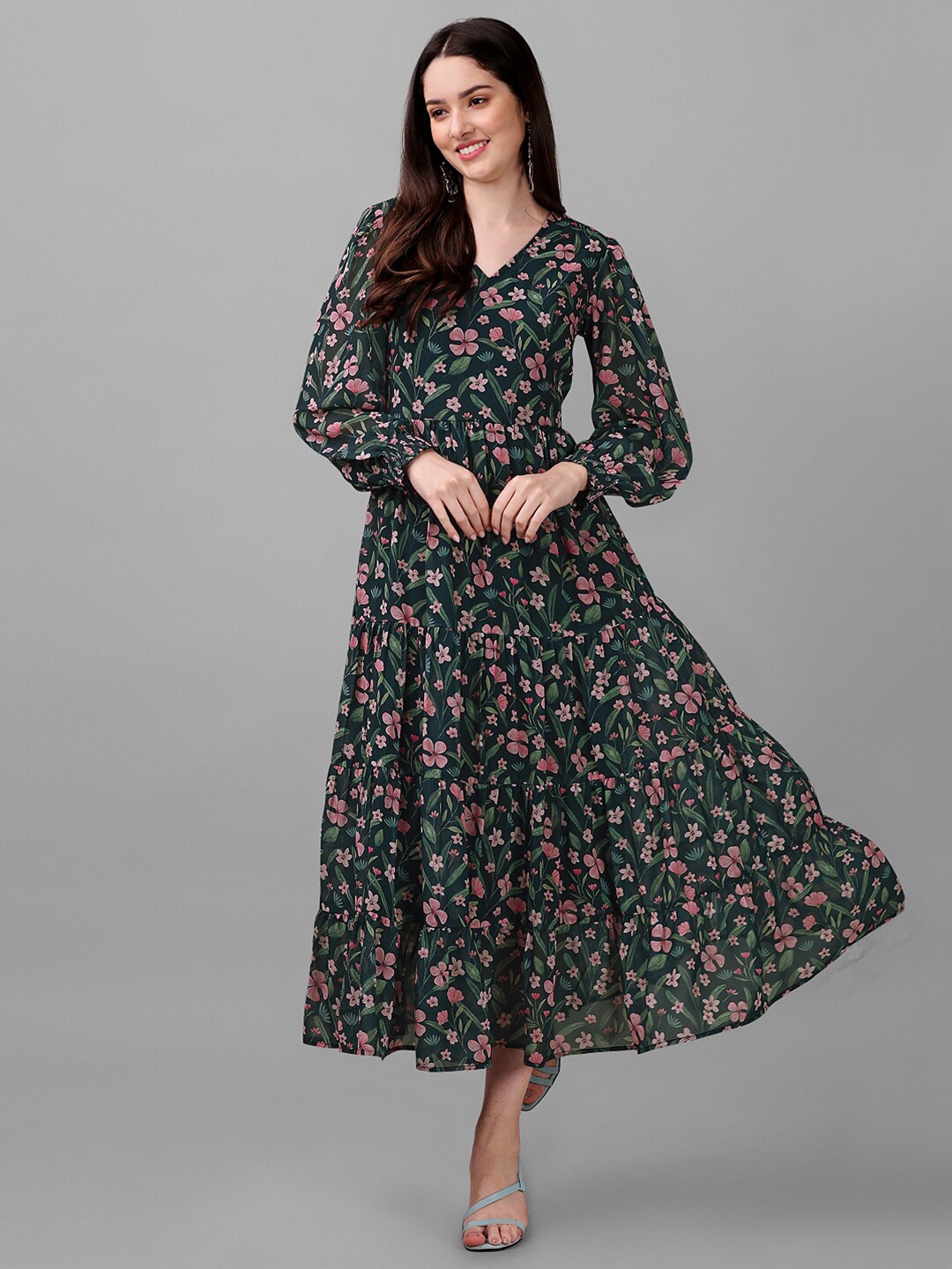 

Masakali.Co Floral Printed V Neck Fit and Flare Maxi Dress, Green