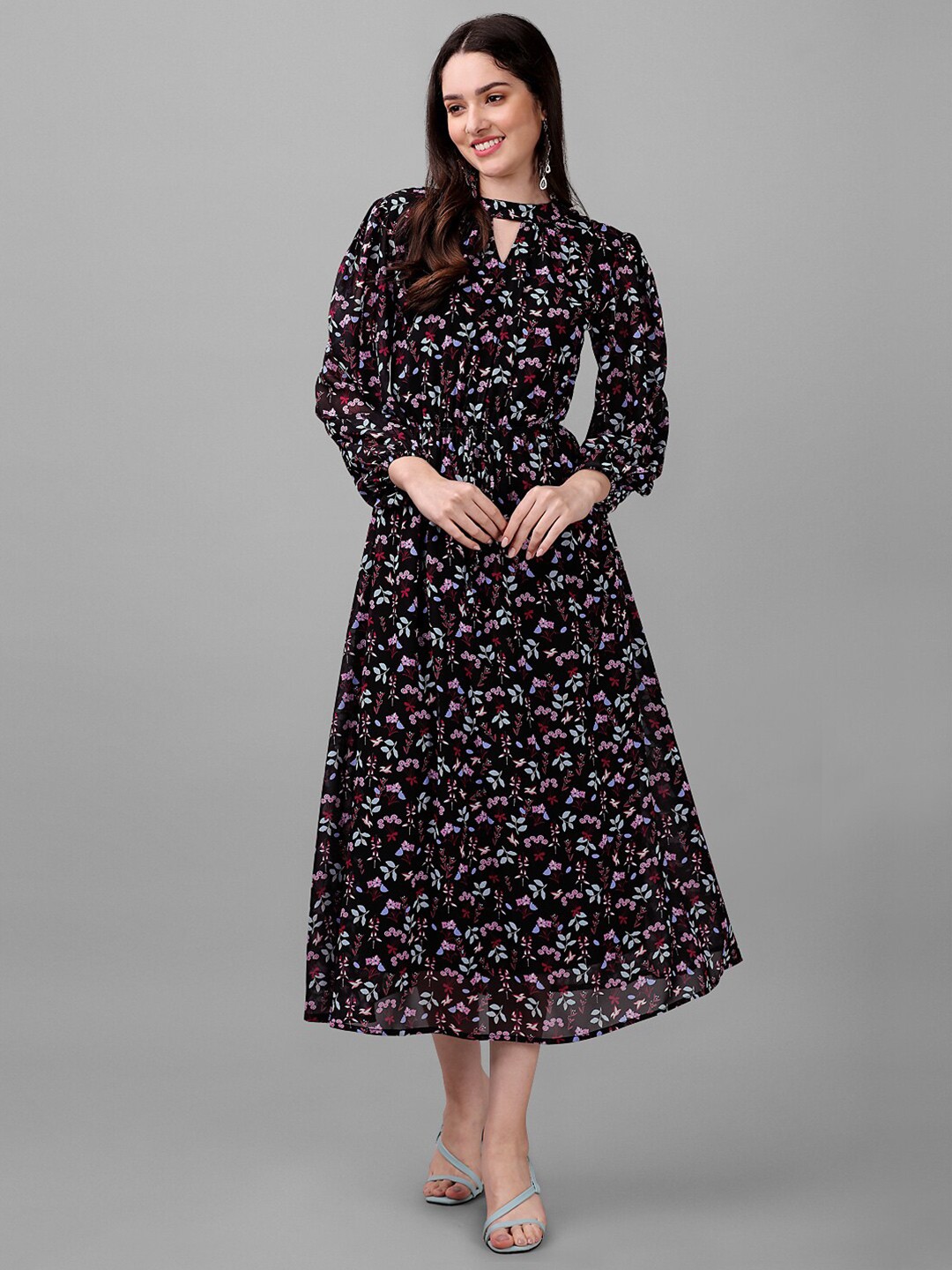 

Masakali.Co Floral Printed Keyhole Neck Fit and Flare Midi Dress, Black