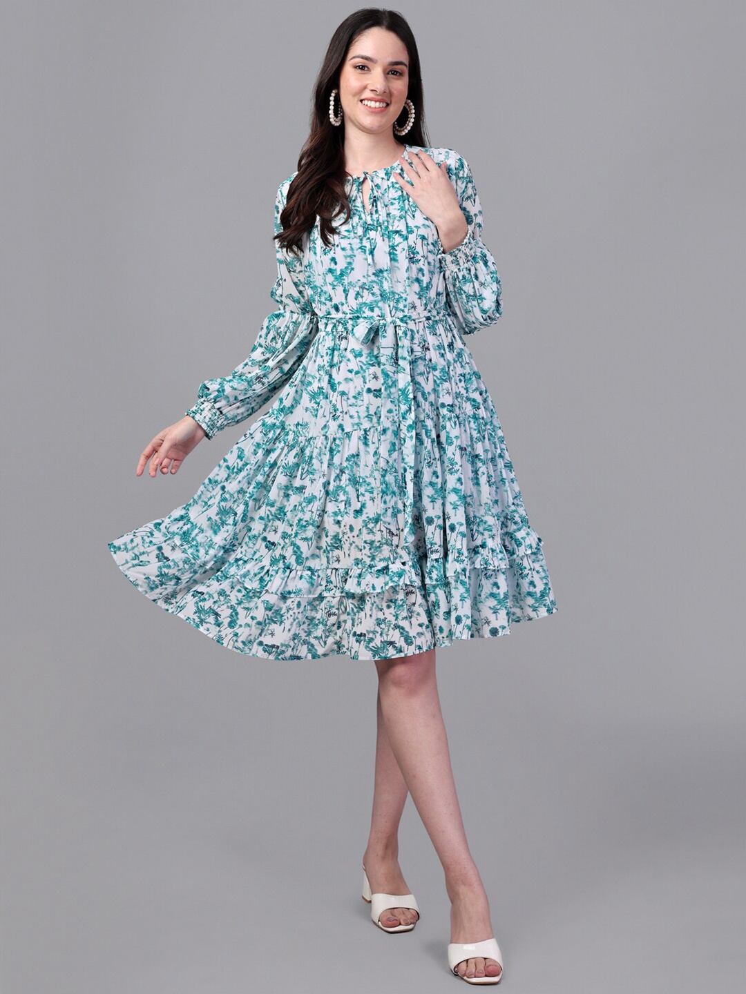 

Masakali.Co Printed Tie-Up Neck Fit and Flare Dress, White
