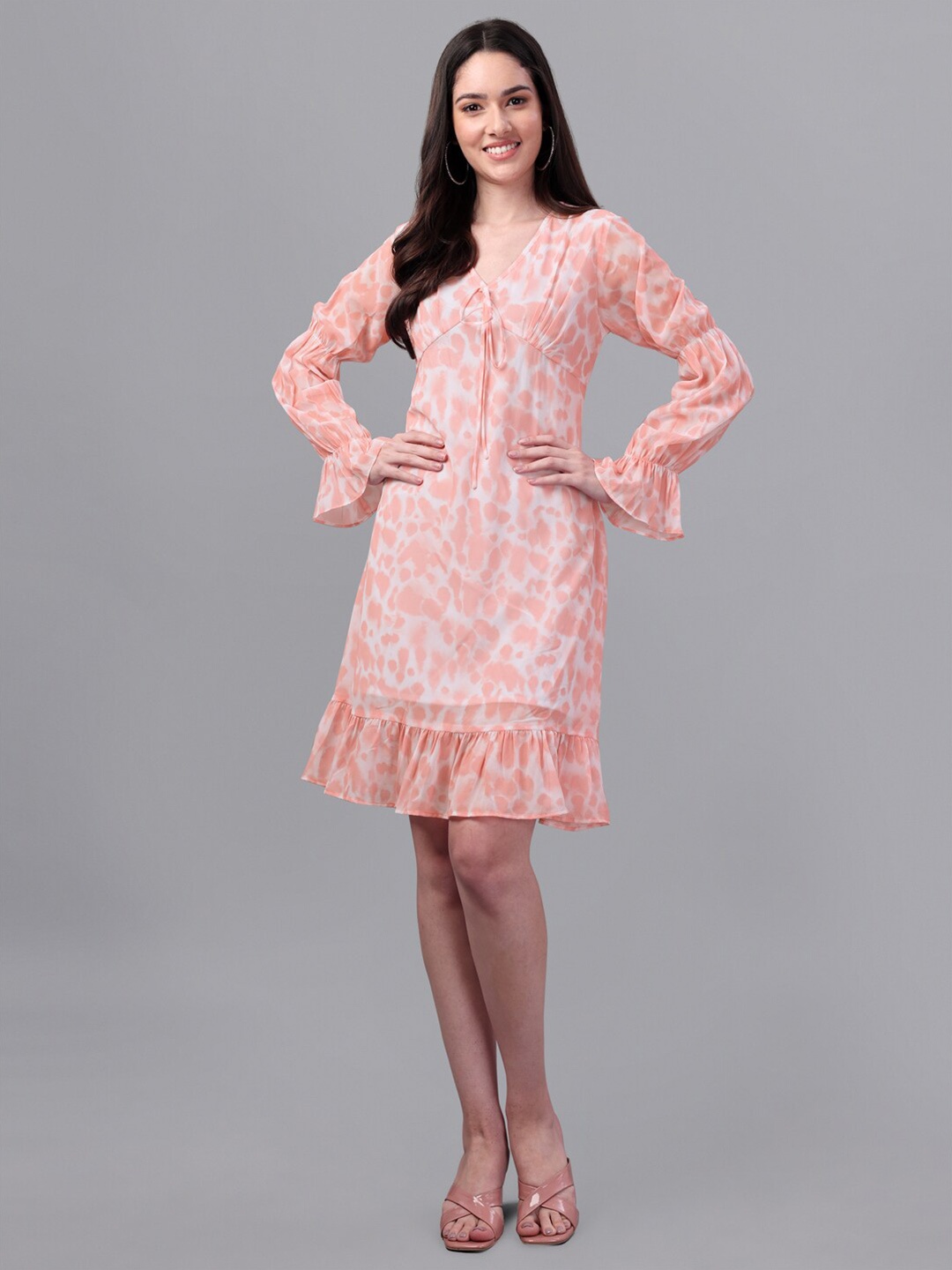 Masakali.Co Printed Georgette A-Line Dress, Peach