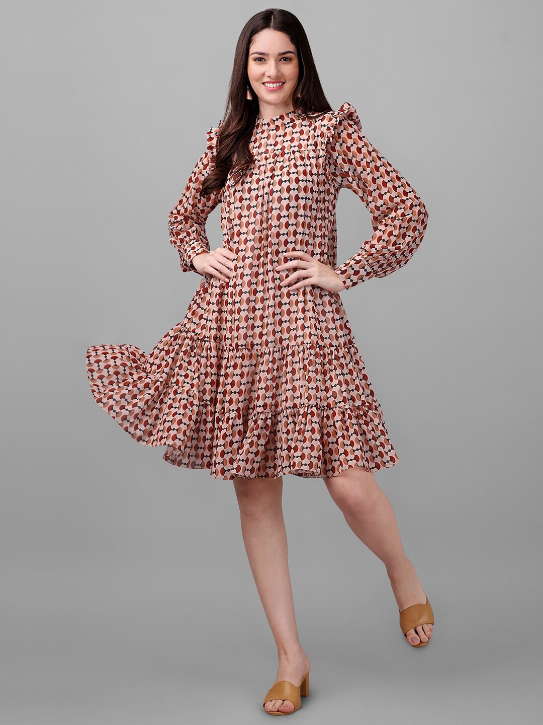 Masakali.Co Printed Georgette A-Line Dress, Cream