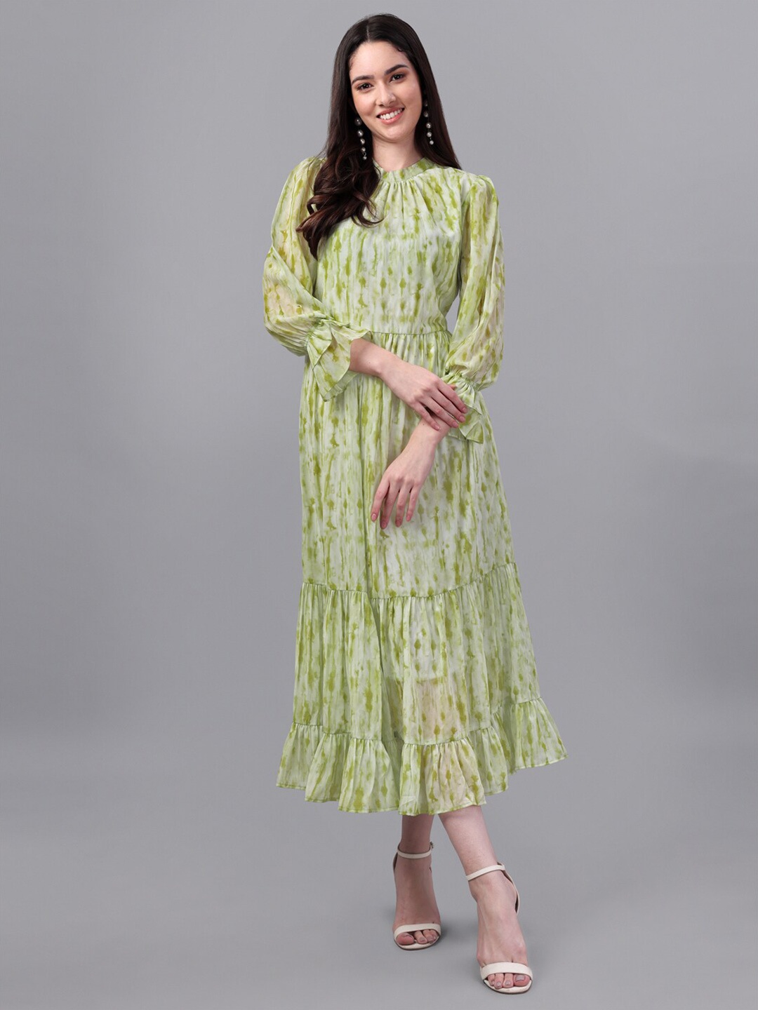 

Masakali.Co Tie and Dye Dyed Georgette A-Line Midi Dress, Lime green