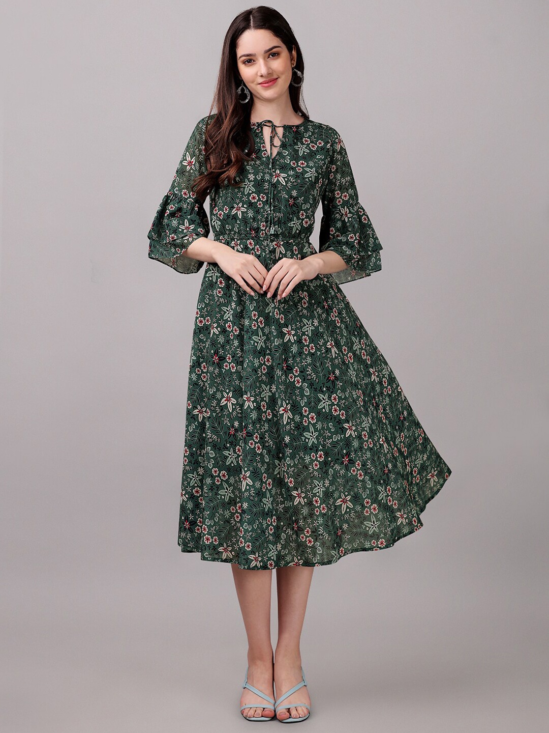 

Masakali Co Floral Tie-Up Neck Georgette A-Line Midi Dress, Green