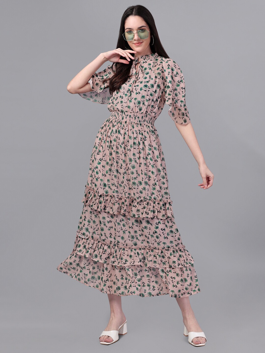 

Masakali Co Floral Tie-Up Neck Georgette Midi Dress, Cream