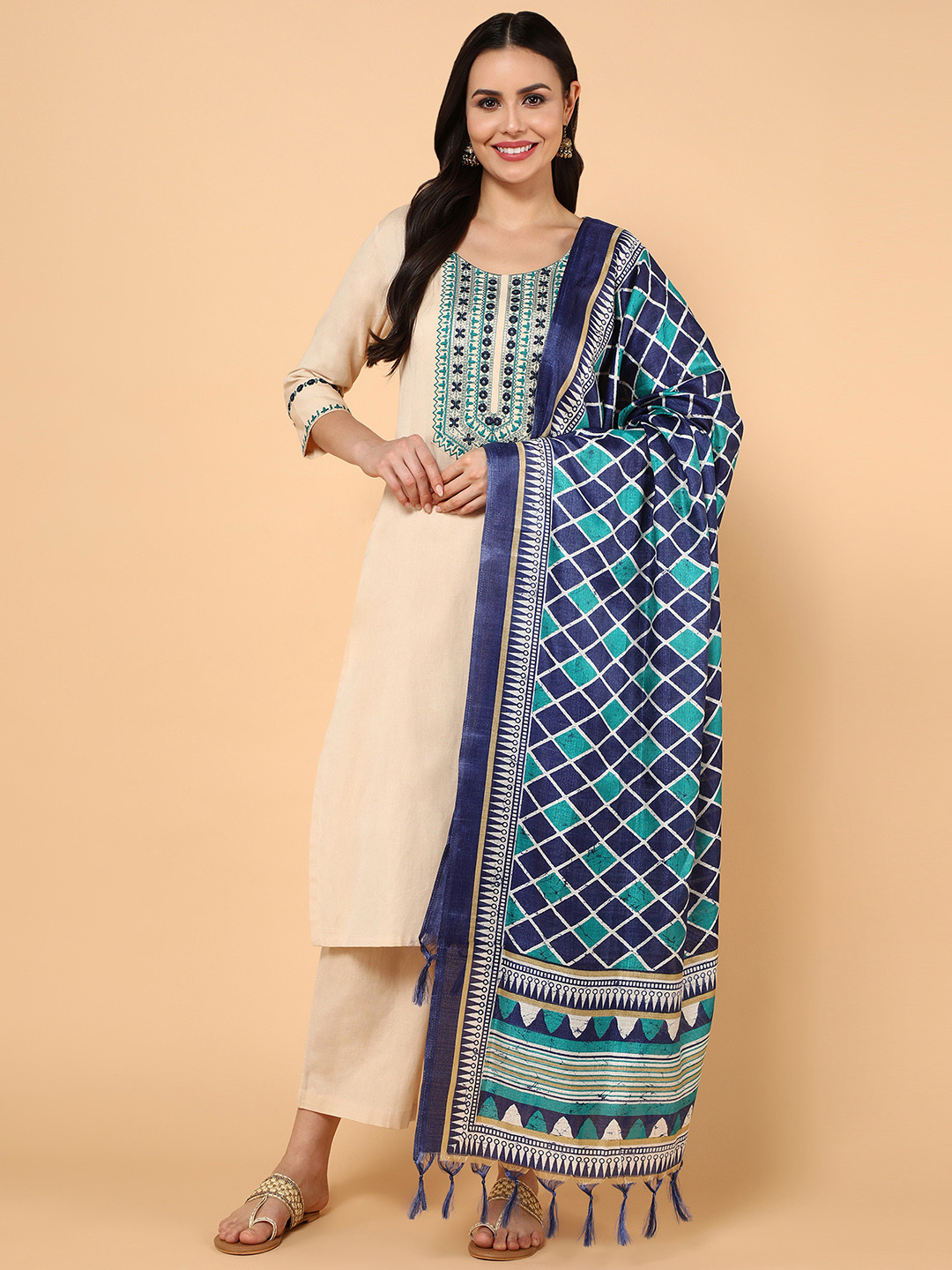 

aturabi Women Embroidered Sequinned Pure Cotton Kurta With Trousers & With Dupatta, Beige