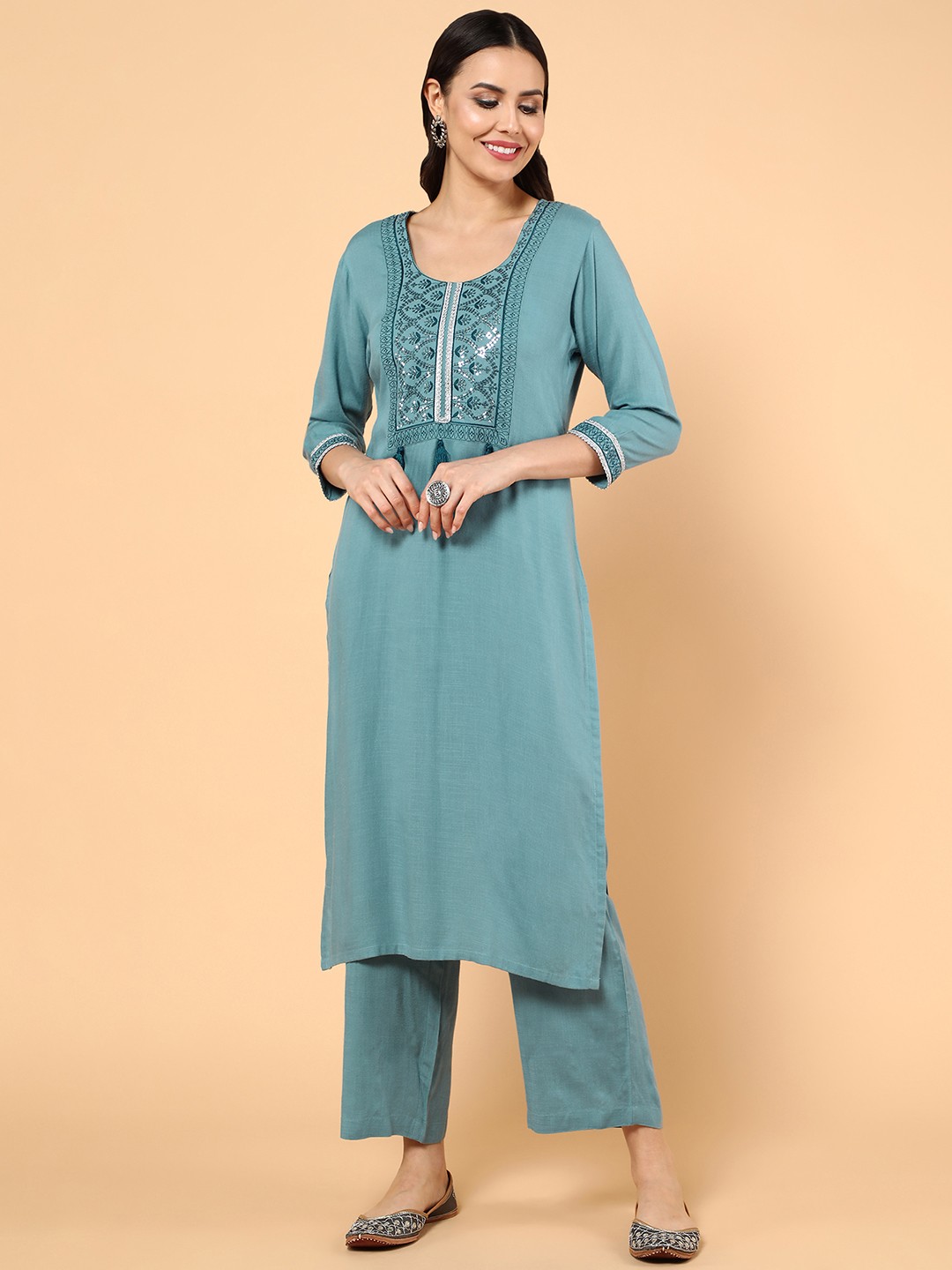 

aturabi Women Ethnic Motifs Embroidered Sequinned Kurta With Trousers, Blue