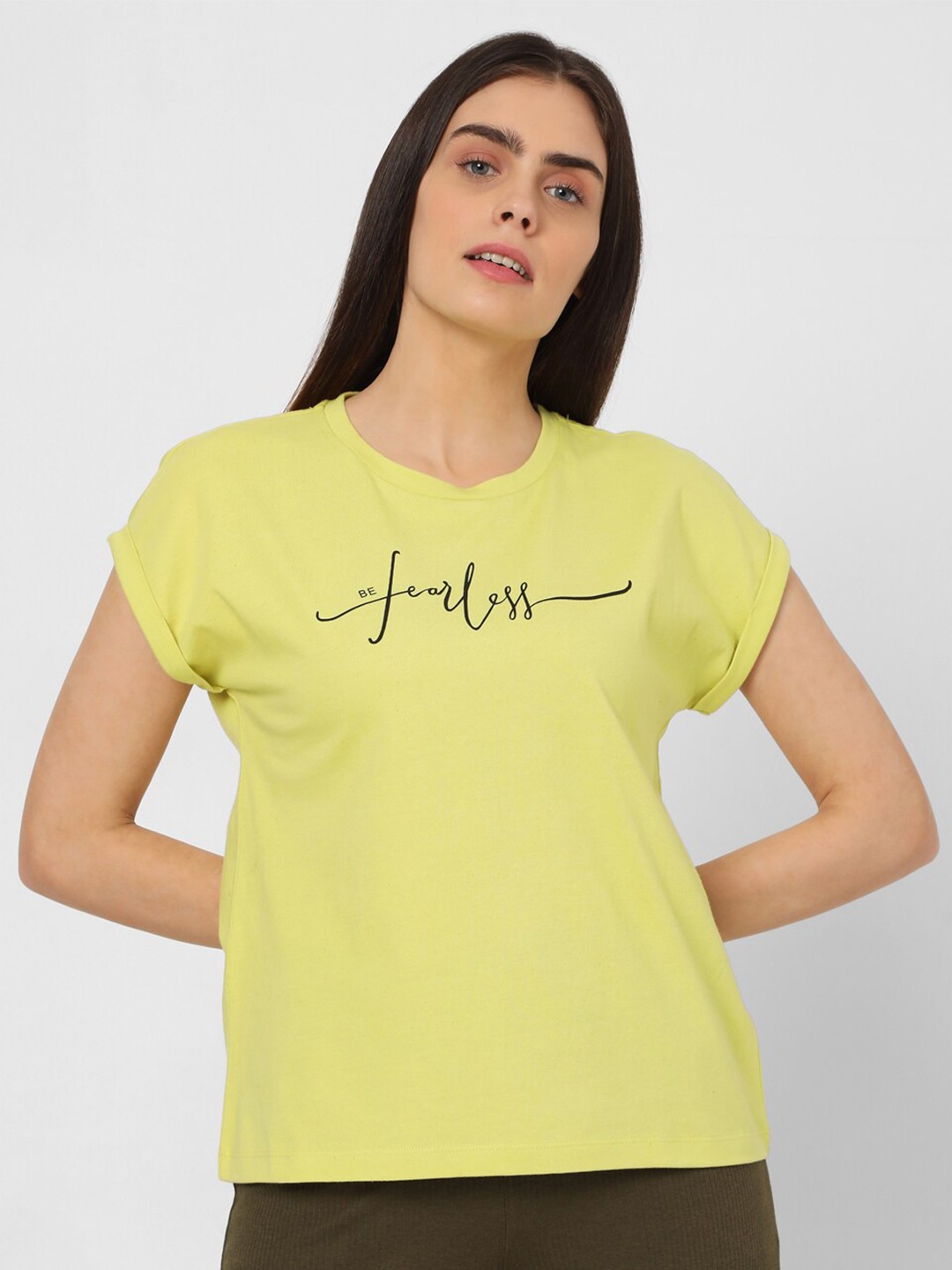 

Vero Moda Typography Printed Cotton T-shirt, Yellow