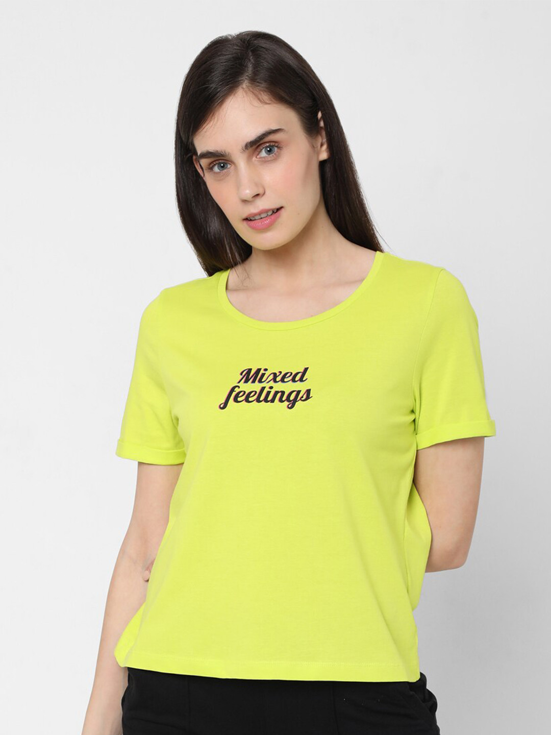 

Vero Moda Women Typography Printed Cotton T-shirt, Lime green