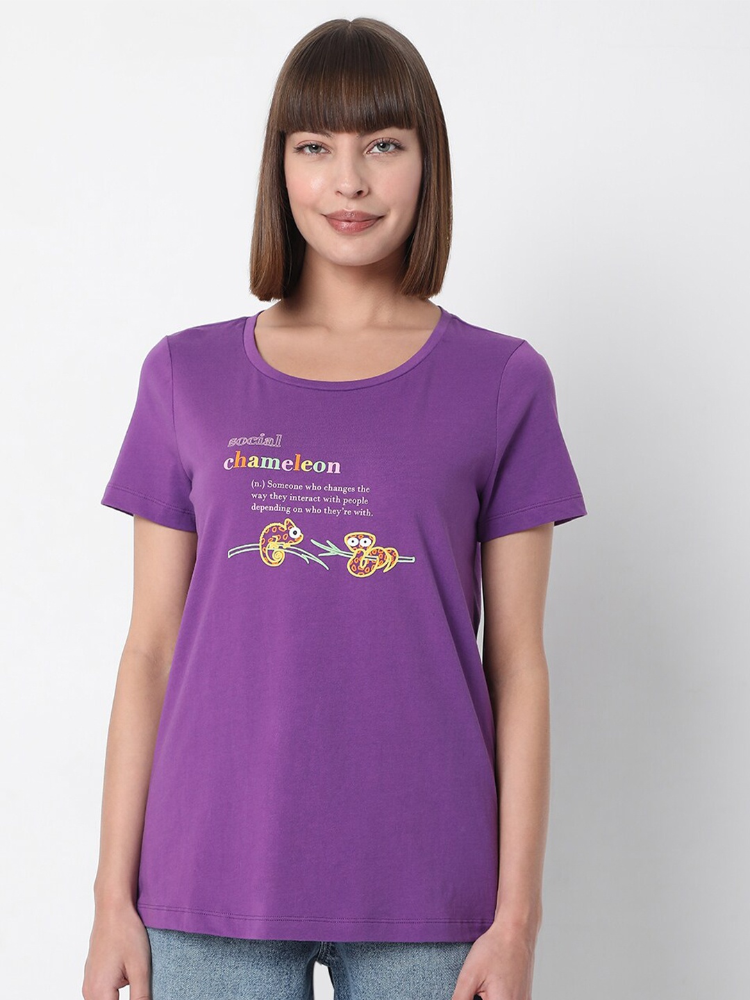 

Vero Moda Typography Printed Cotton T-shirt, Purple