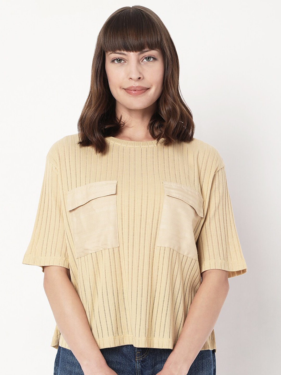 

Vero Moda Women Self Design Cotton T-shirt, Beige