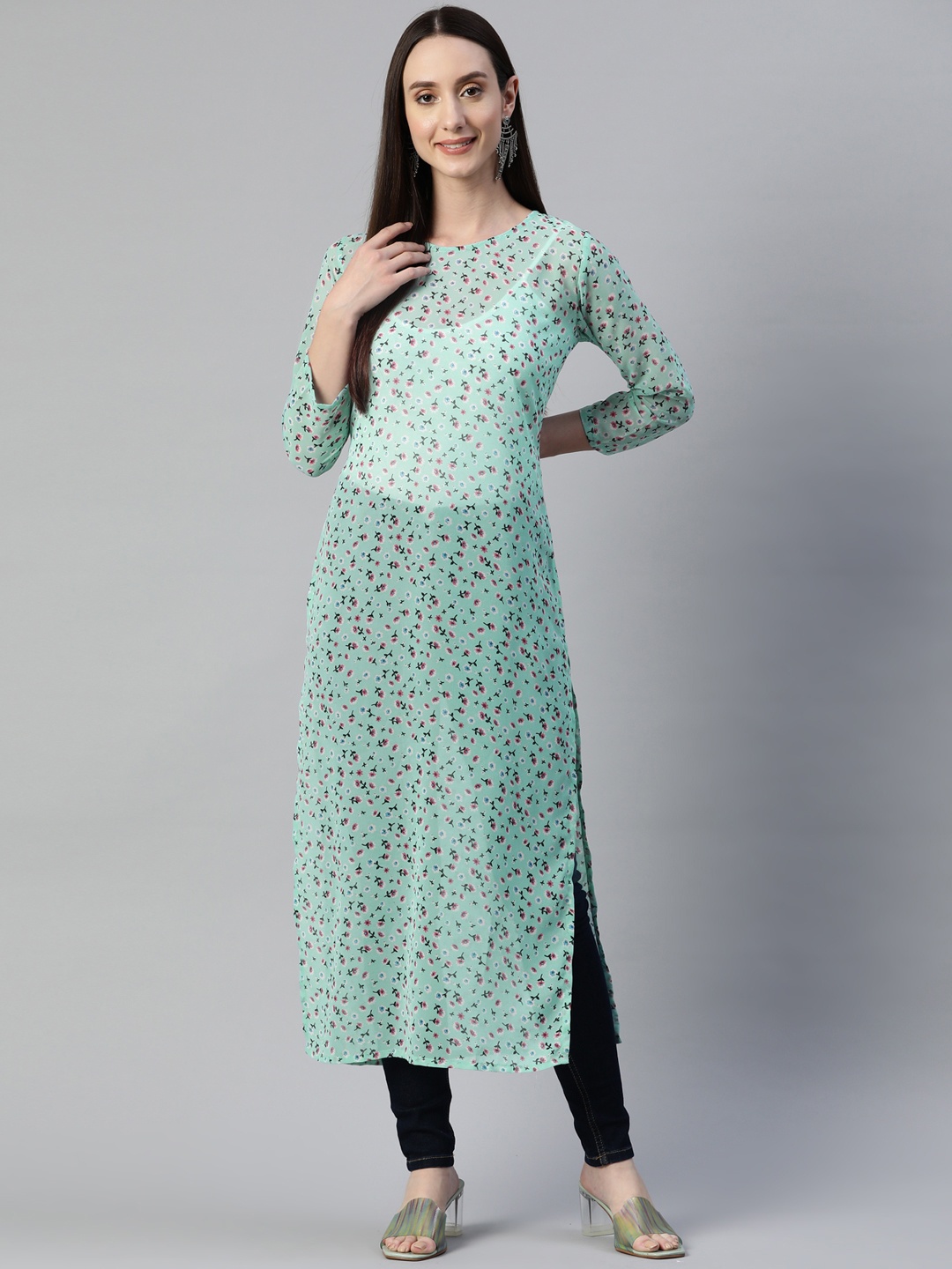 

Rang Gali Women Floral Printed Georgette Kurta, Sea green