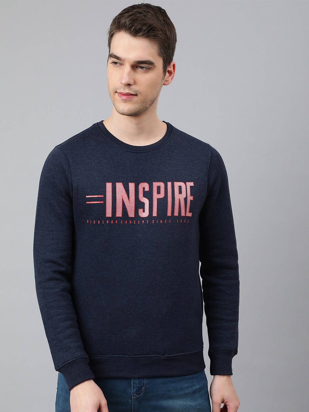 Richlook Men Navy Blue Cotton Printed Sweatshirt