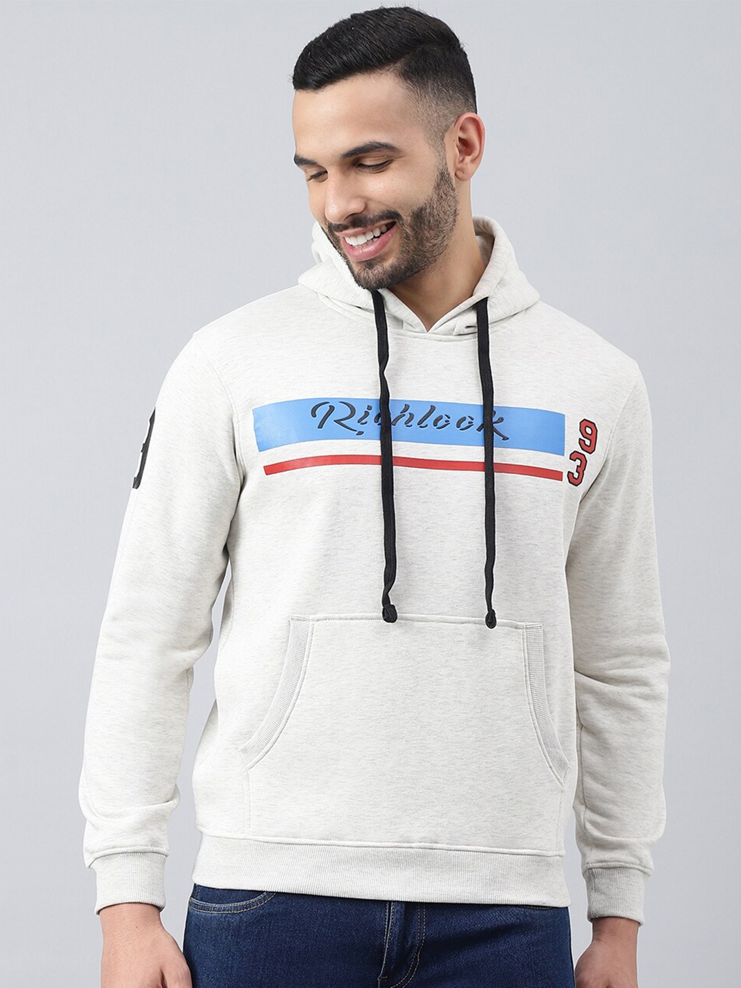 

Richlook Men Grey Cotton Printed Hooded Sweatshirt