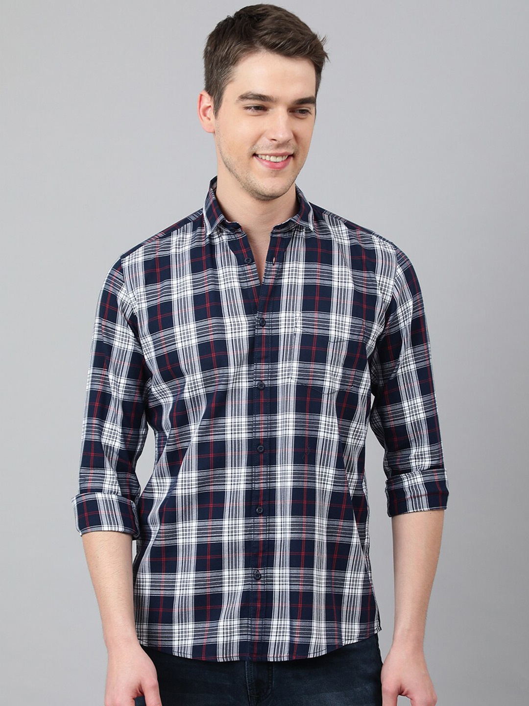 

Richlook Men Cotton Slim Fit Tartan Checks Checked Casual Shirt, Navy blue