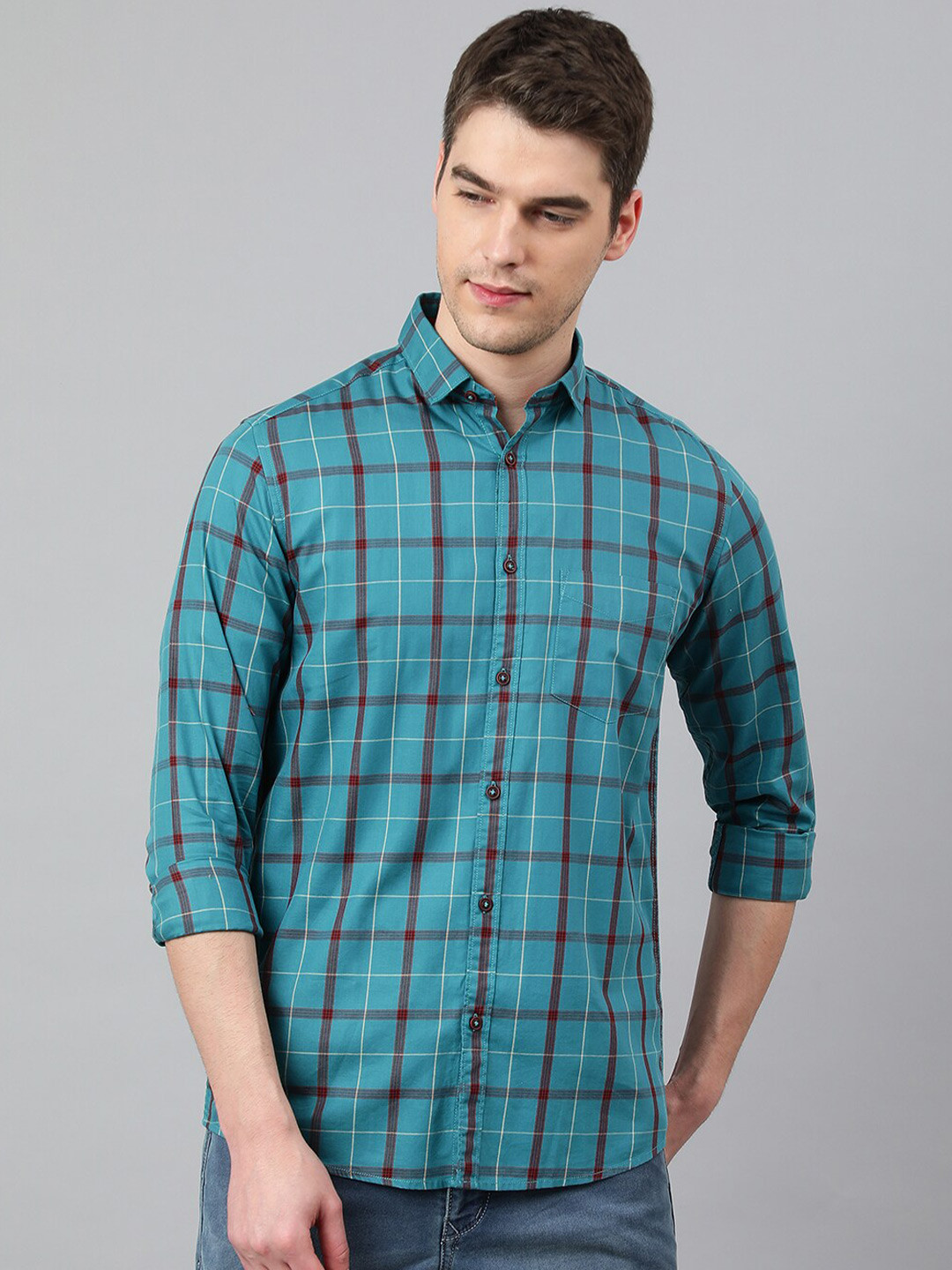 

Richlook Men Cotton Slim Fit Tartan Checks Checked Casual Shirt, Teal