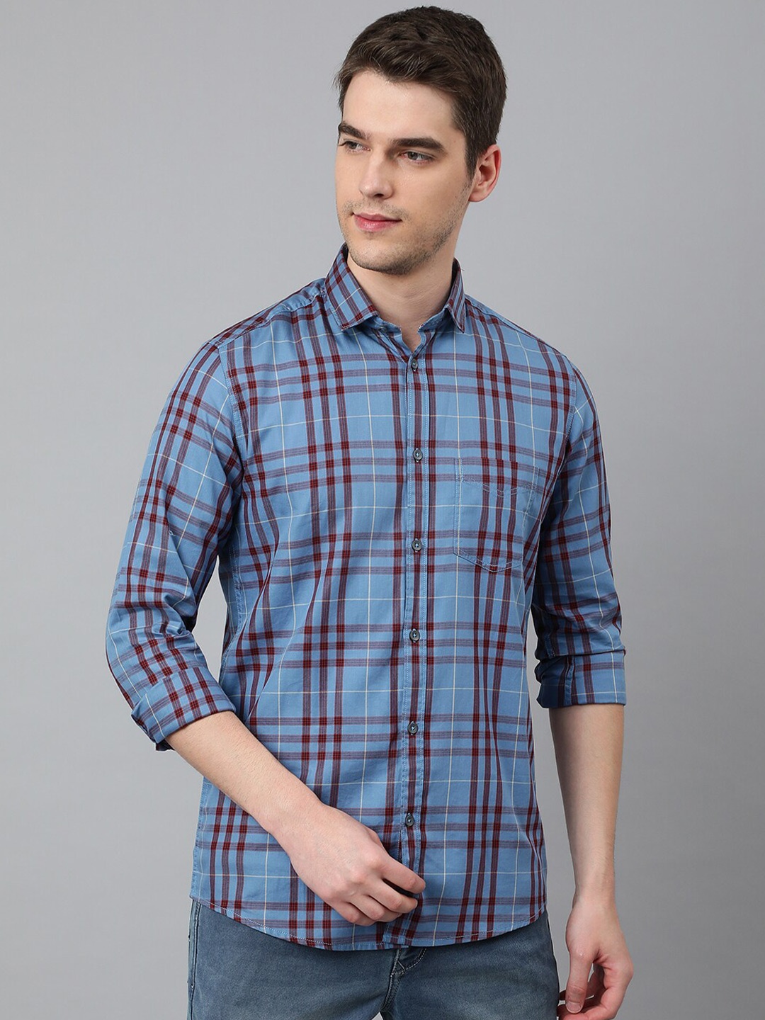 

Richlook Men Cotton Slim Fit Tartan Checks Checked Casual Shirt, Blue