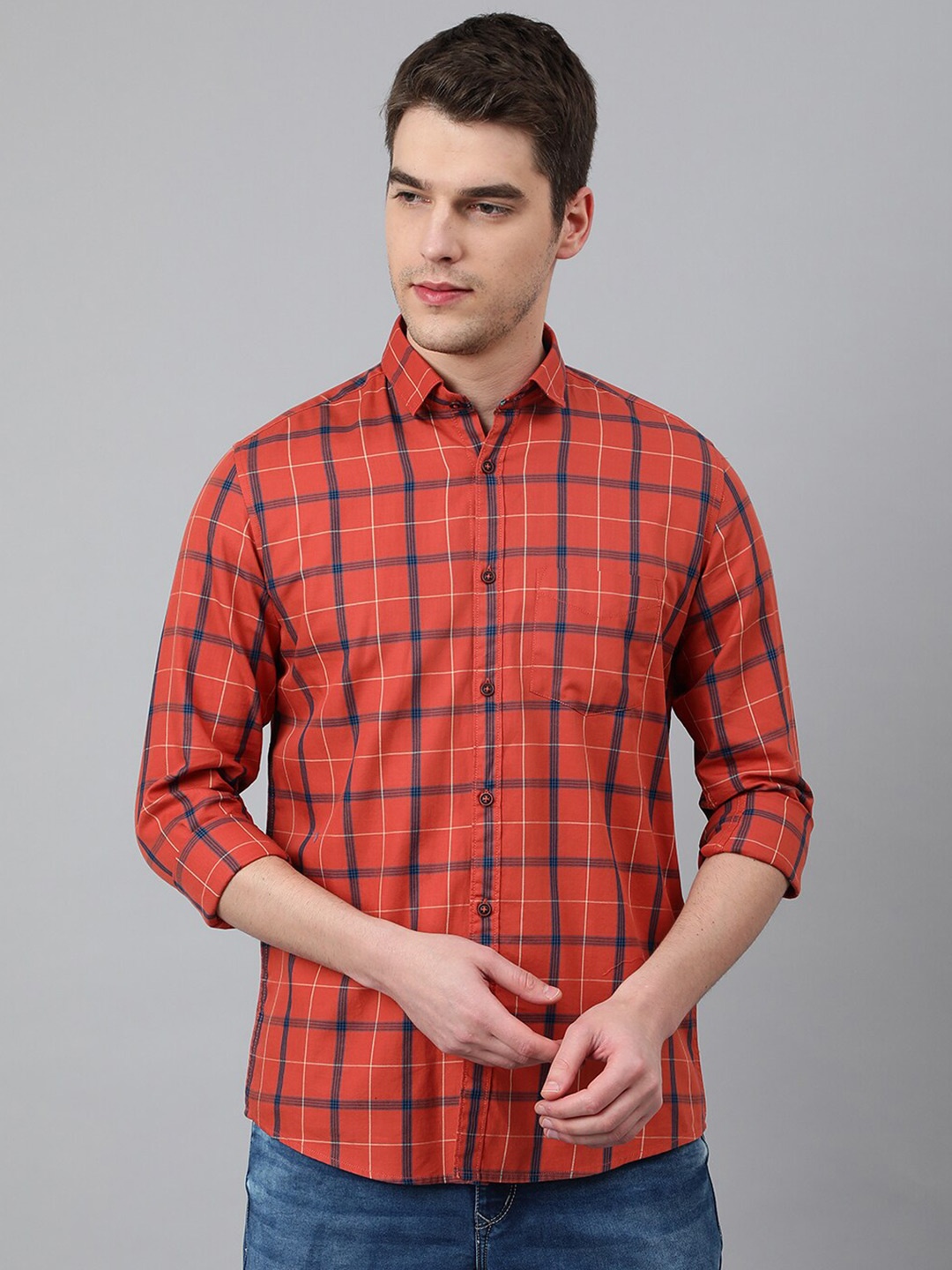 

Richlook Men Cotton Slim Fit Tartan Checks Checked Casual Shirt, Rust