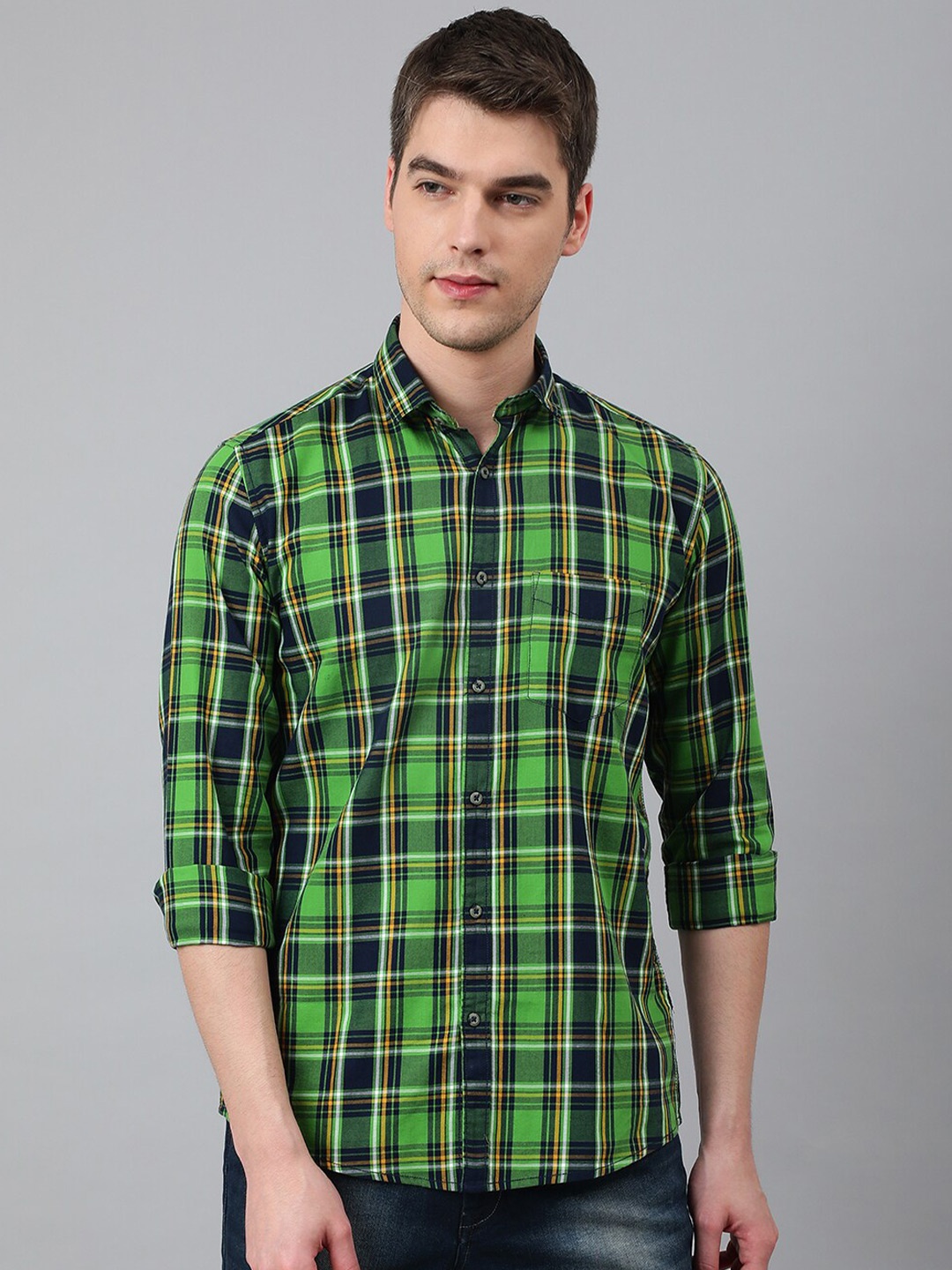

Richlook Men Cotton Slim Fit Tartan Checks Checked Casual Shirt, Green