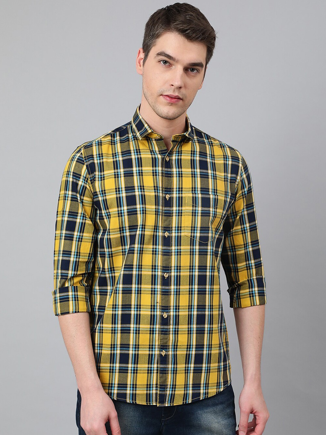 

Richlook Men Cotton Slim Fit Tartan Checks Checked Casual Shirt, Mustard