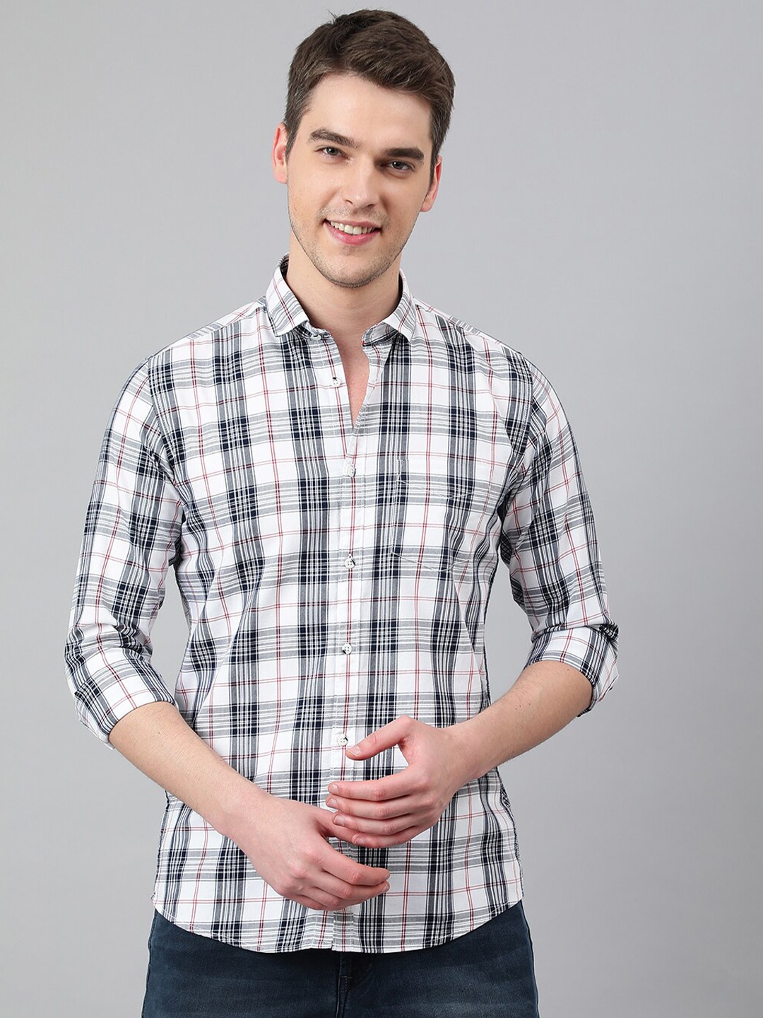 Richlook Men Cotton Slim Fit Tartan Checks Checked Casual Shirt, White