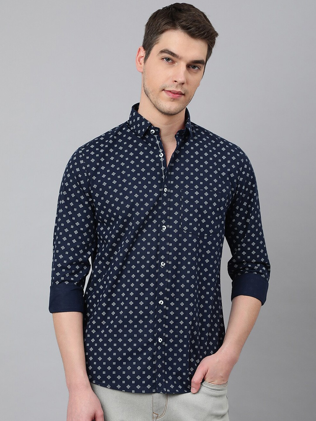

Richlook Men Cotton Slim Fit Printed Casual Shirt, Navy blue