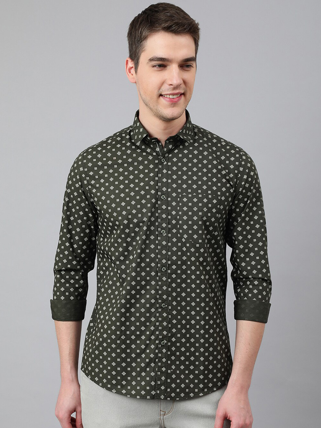 

Richlook Men Cotton Slim Fit Printed Casual Shirt, Olive