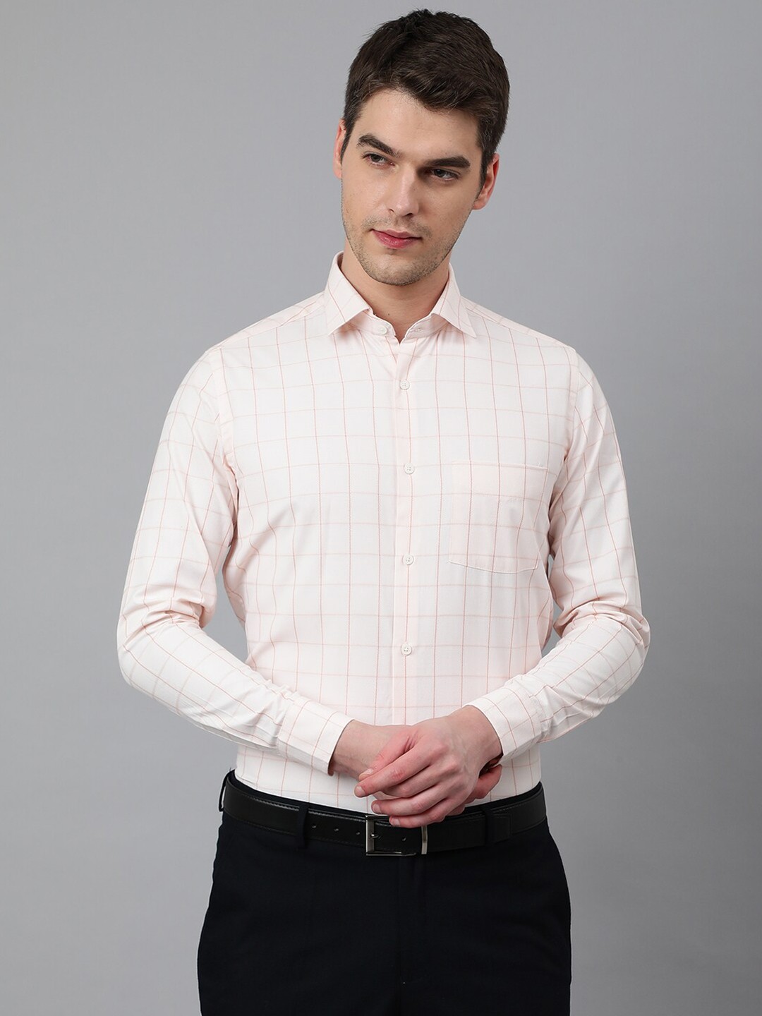 

Richlook Men Grid Tattersall Checks Formal Shirt, Peach