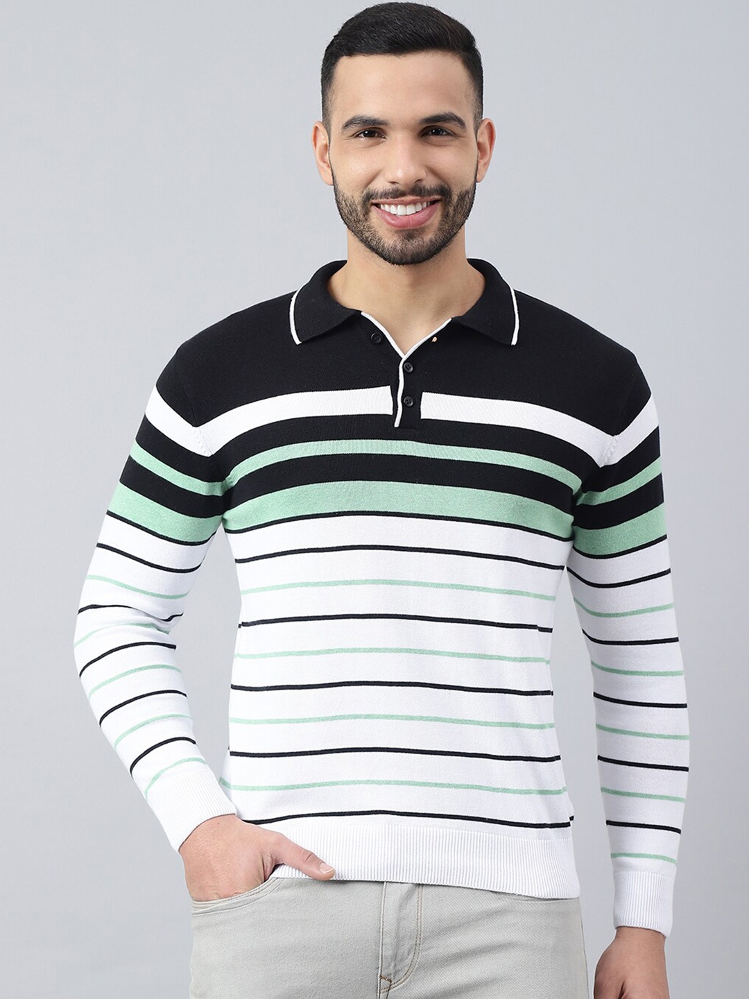 

Richlook Men Green & Black Cotton Striped Pullover