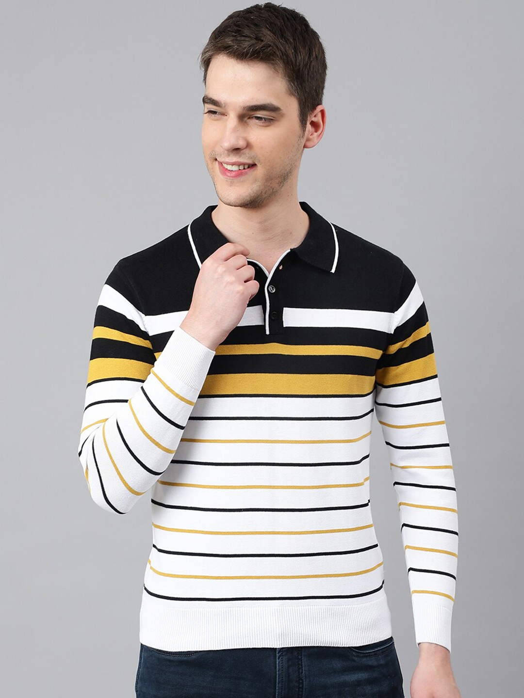 

Richlook Men Black & Mustard Cotton Striped Pullover