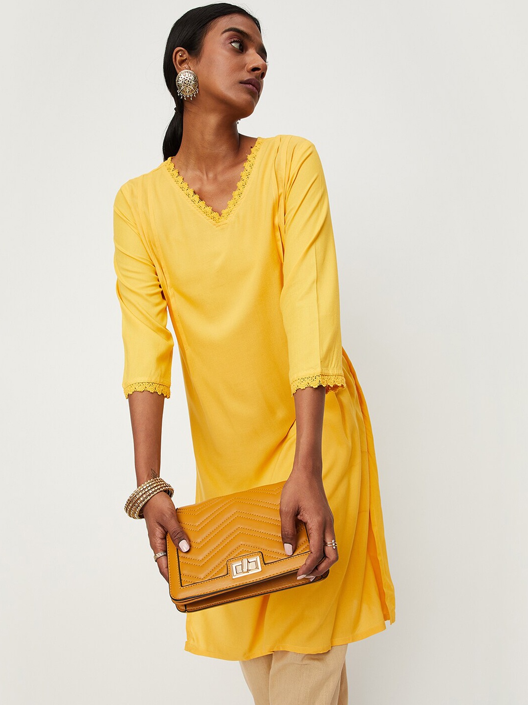 

max V-Neck Straight Regular Kurta, Yellow