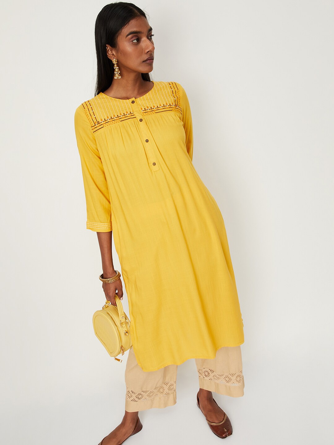 

max Ethnic Motifs Yoke Design Thread Work Kurta, Mustard