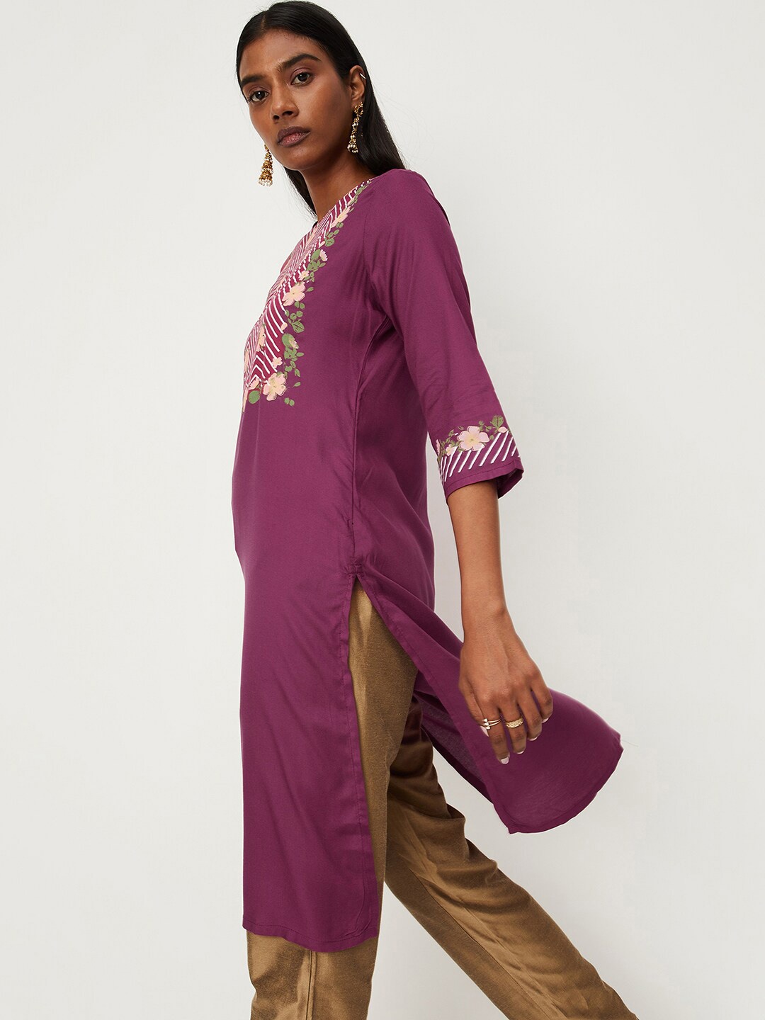 

max Floral Yoke Design Thread Work Kurta, Pink