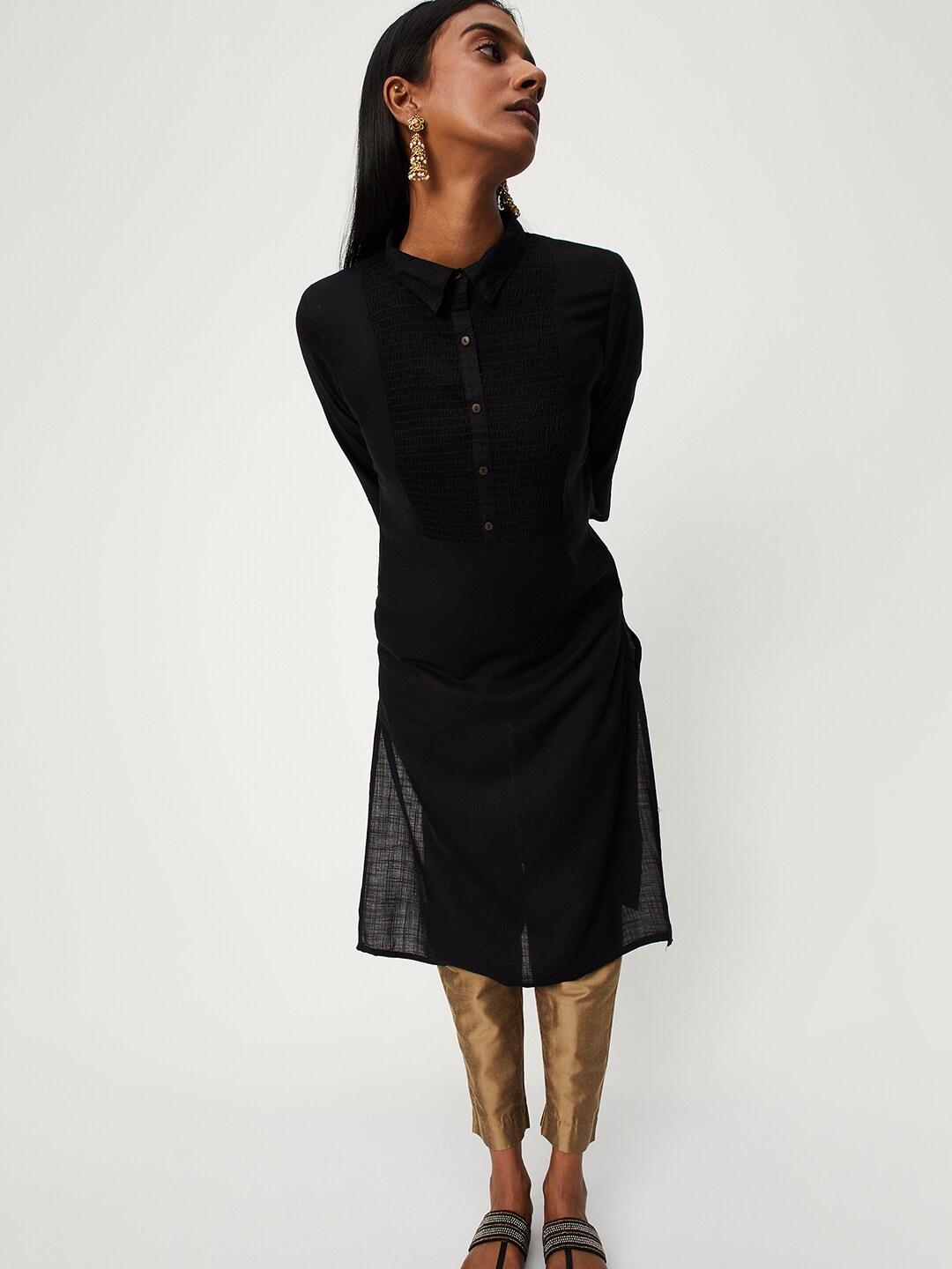 

max Women Solid Shirt Collar Kurta, Black