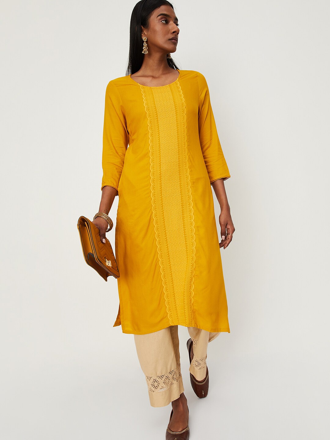 

max Women Embroidered Kurta, Mustard