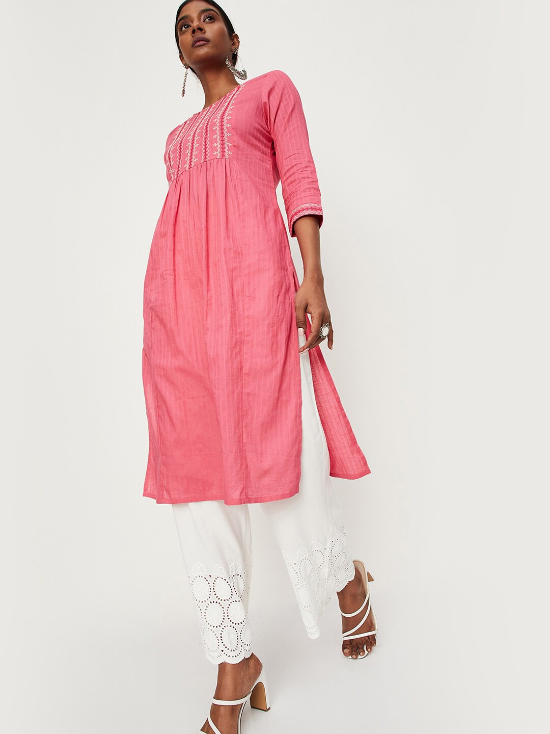 

max Thread Work Pleated Pure Cotton Kurta, Pink