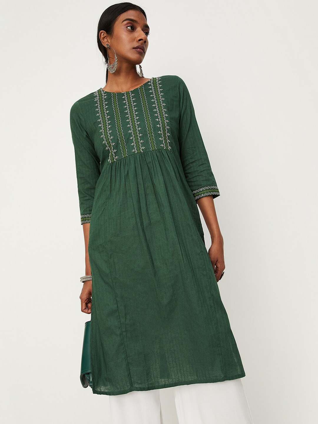 

max Round Neck Striped Thread Work Pleated Pure Cotton Kurta, Green