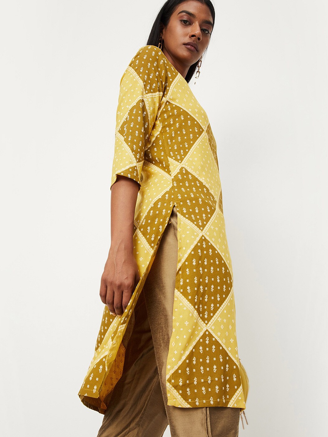 max Ethnic Motifs Printed Kurta, Mustard