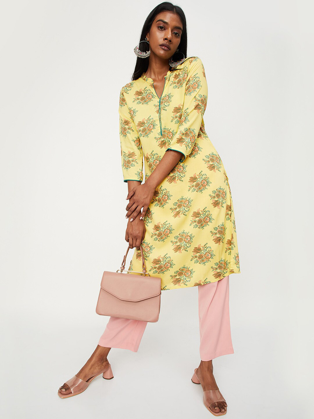 

max Band Collar Floral Printed Regular Fit Kurta, Yellow