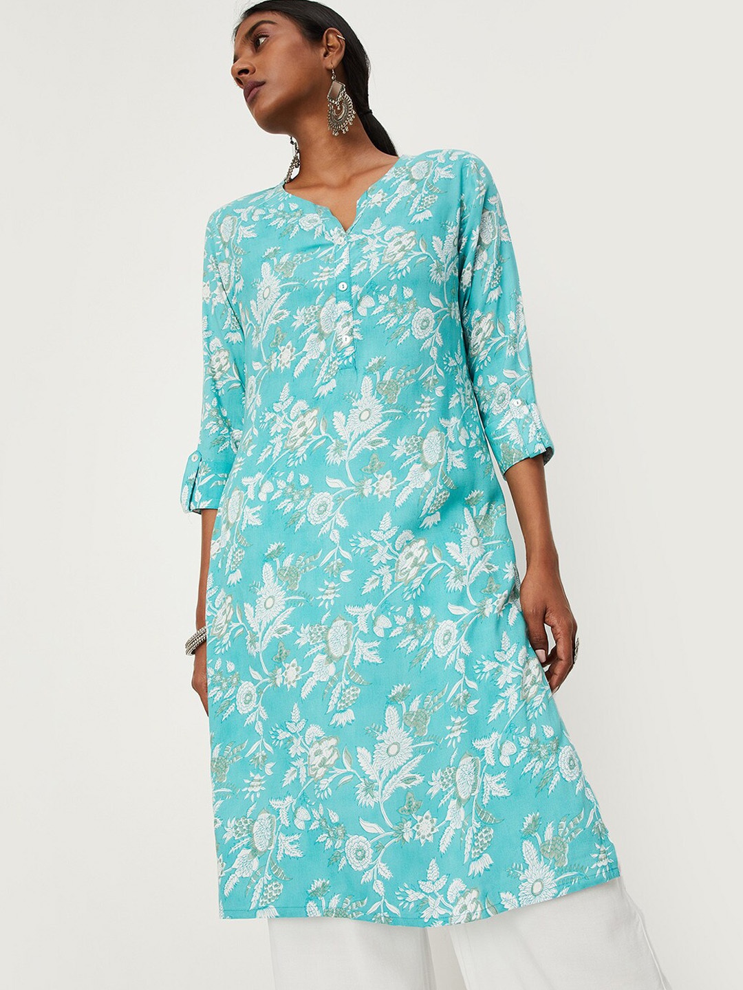 

max Notch Neck Floral Printed Regular Fit Kurta, Blue