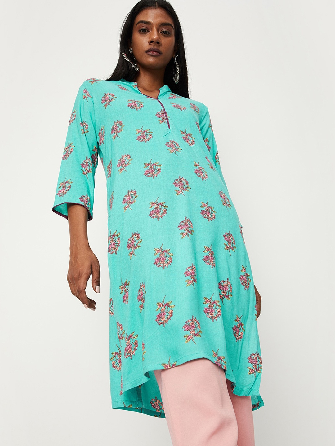 

max Women Floral Printed Kurta, Turquoise blue