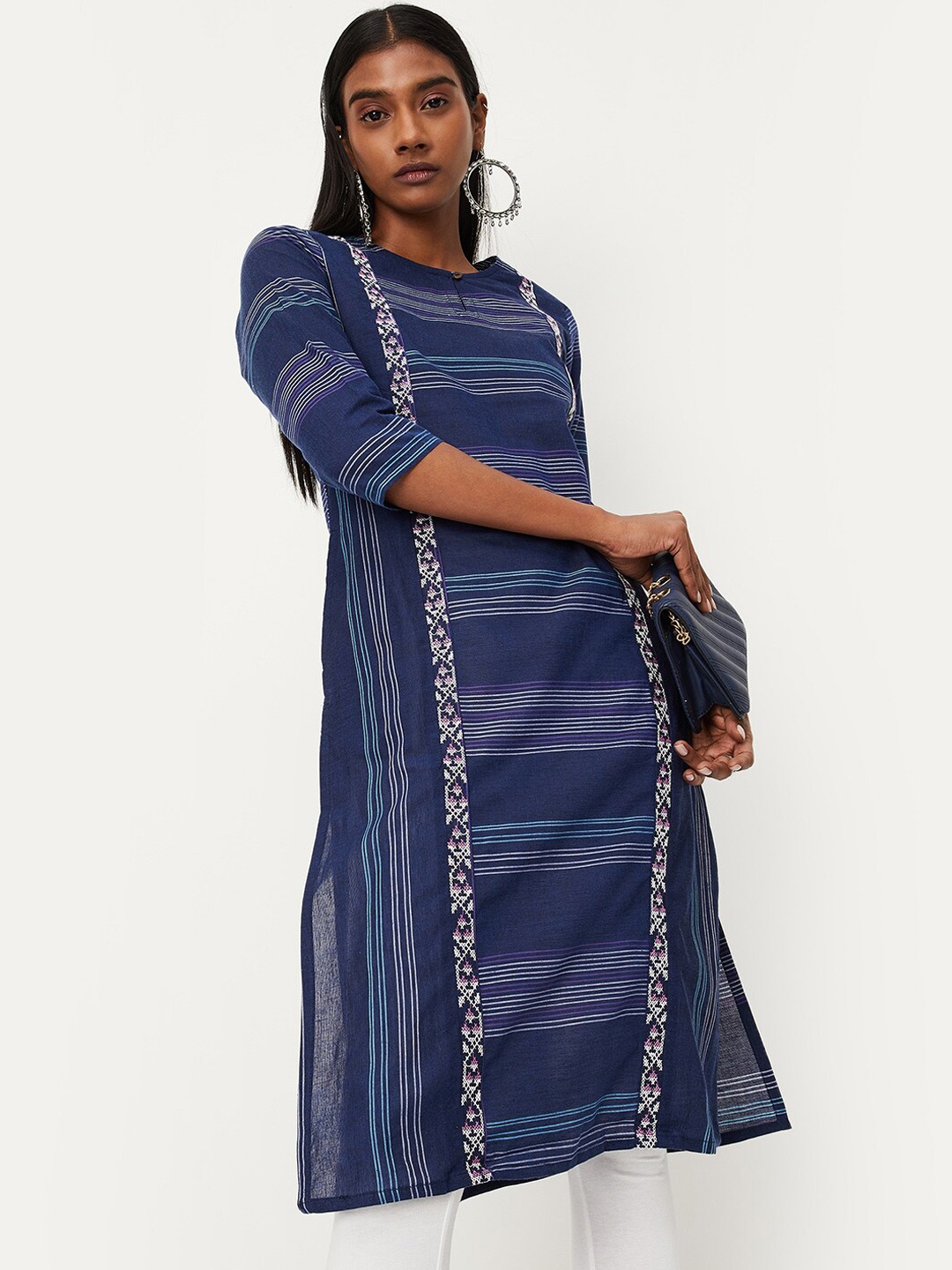 

max Keyhole Neck Striped Straight Fit Kurta, Blue