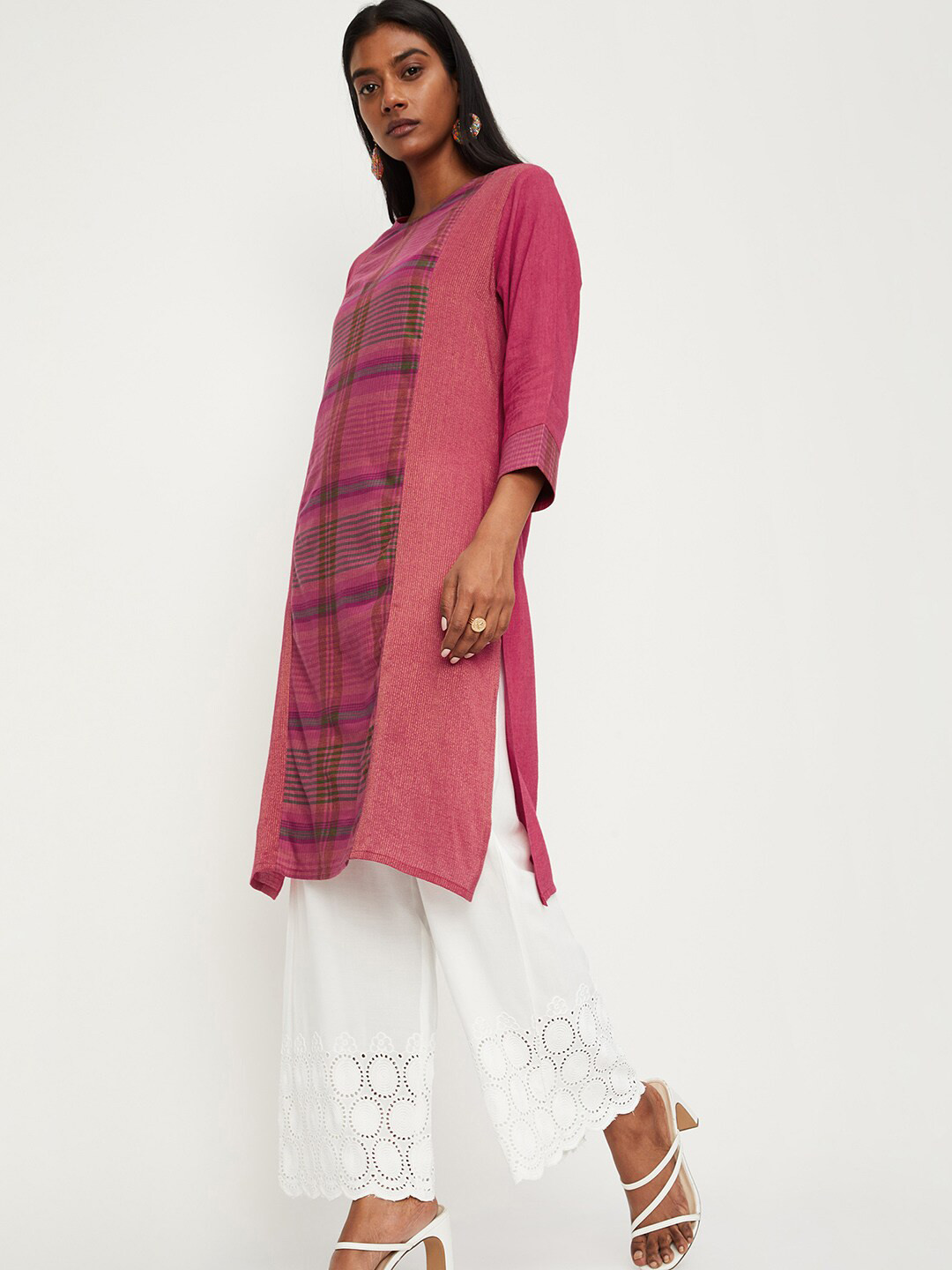 

max Geometric Printed Round Neck Cotton Kurta, Pink