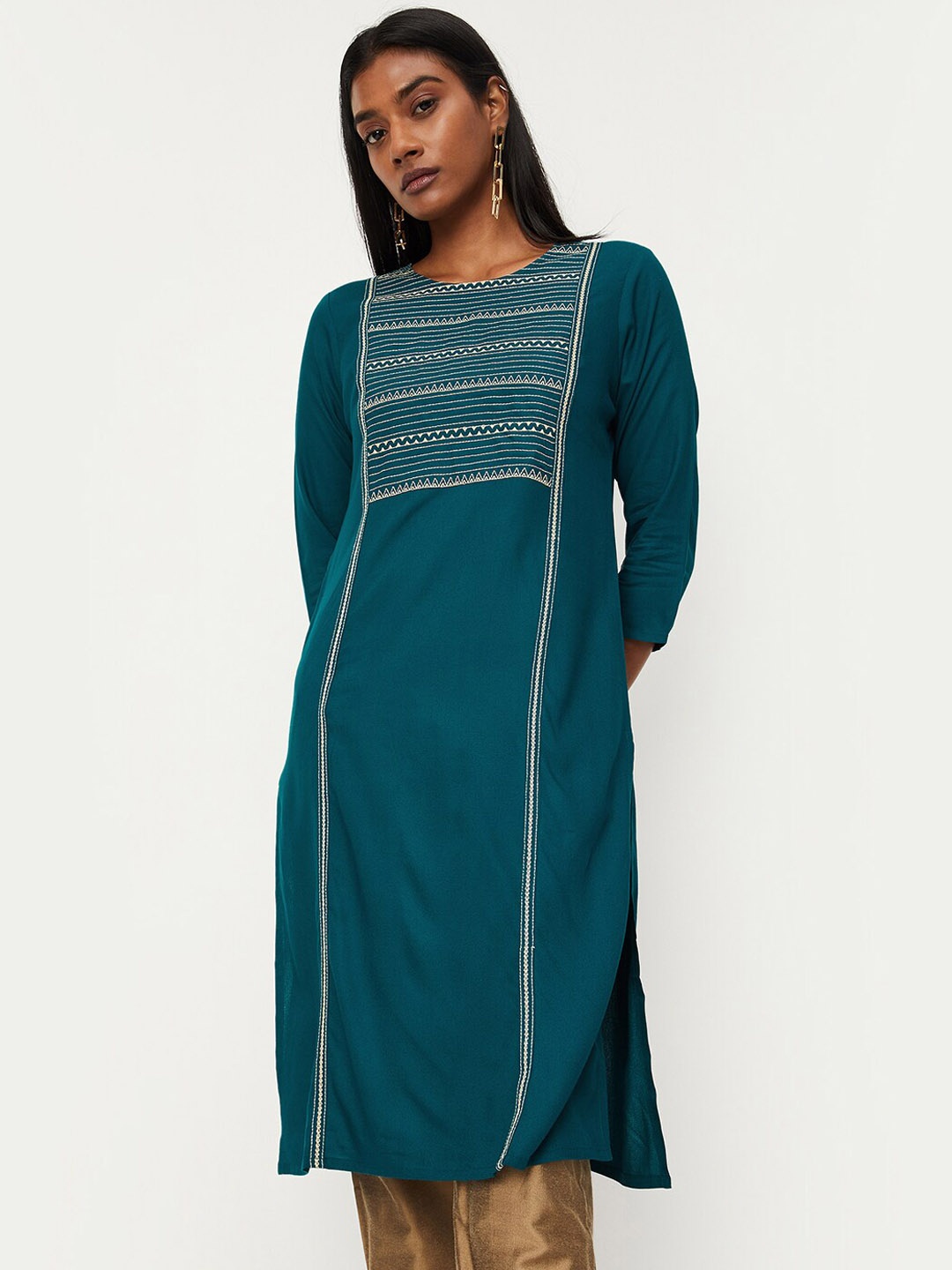 

max Embroidered Thread Work Kurta, Teal