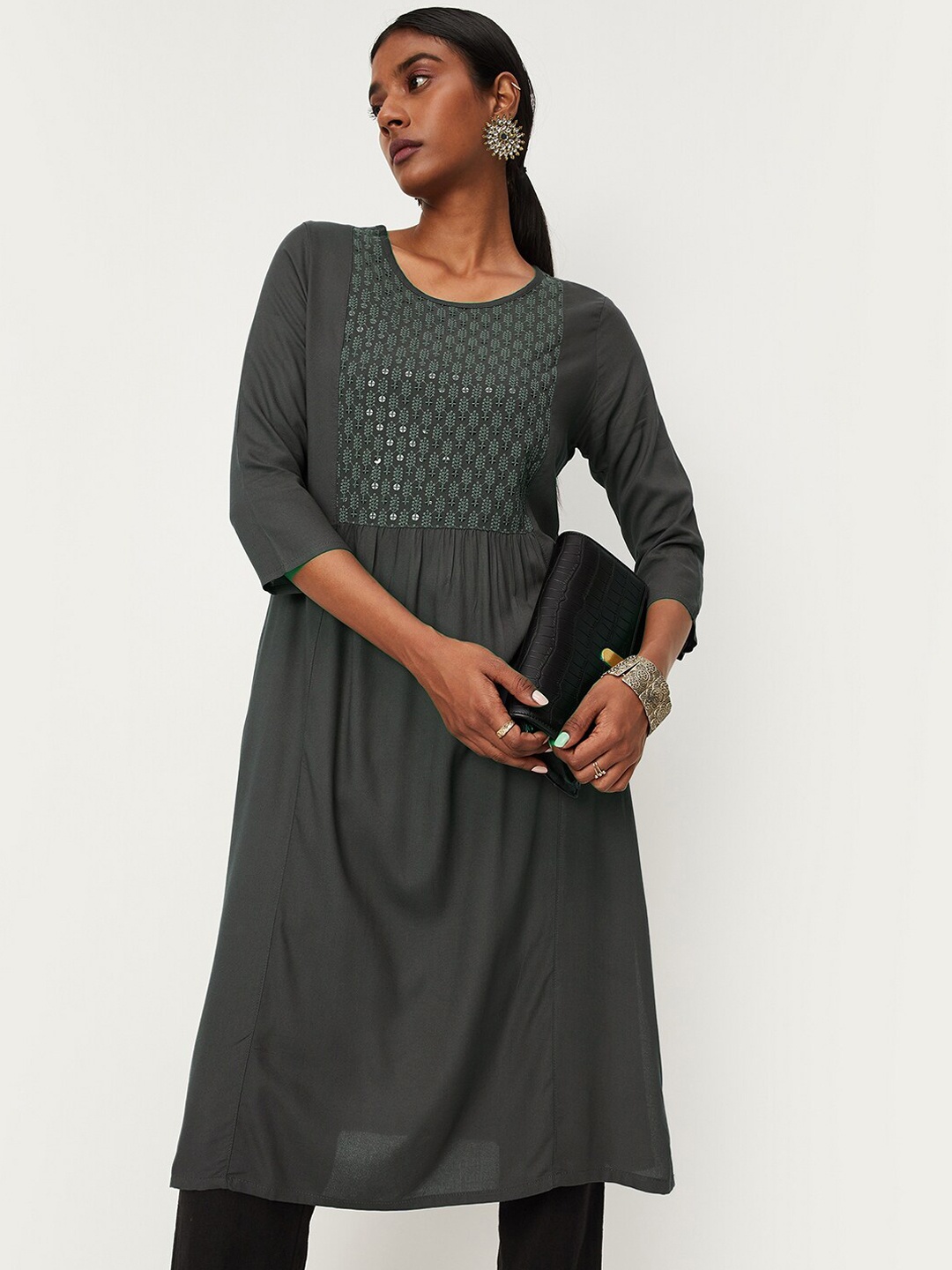 

max Women Embellished Kurta, Grey
