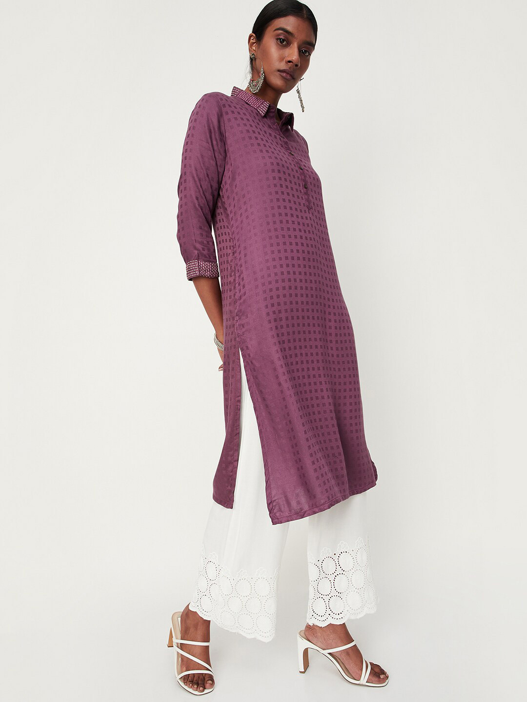 

max Geometric Printed Pathani Shirt Collar Regular Zari Kurta, Pink
