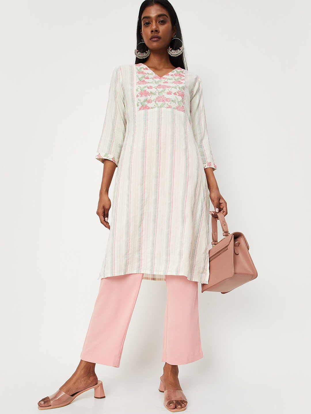 

max Striped Staright White Romance Kurta, Off white